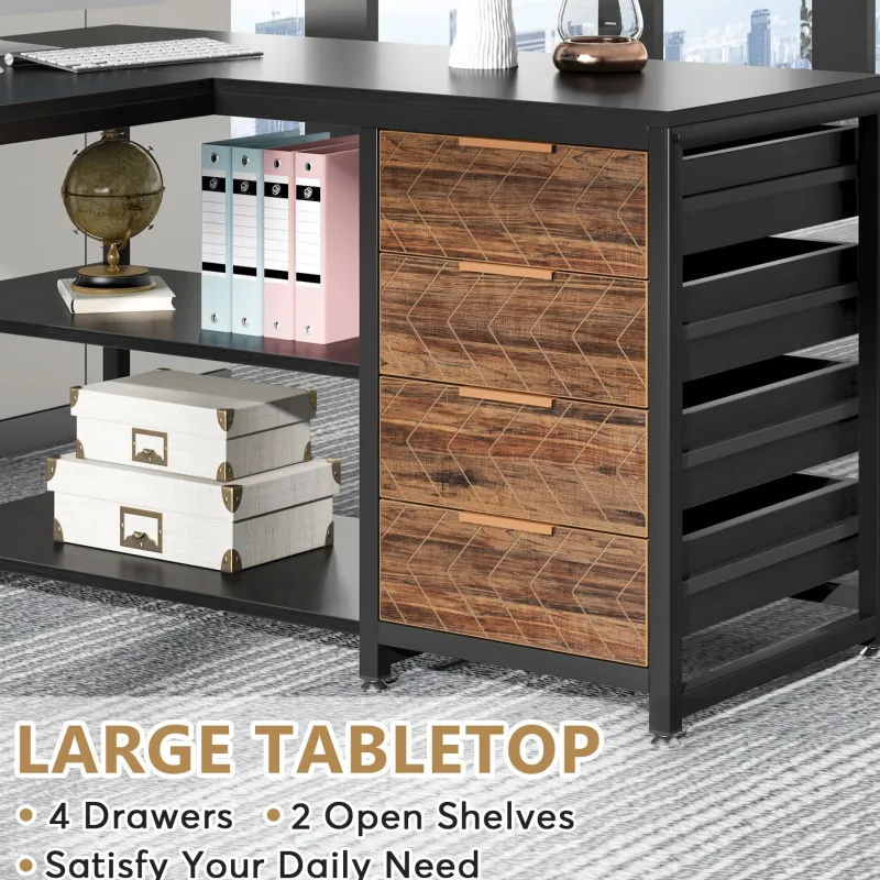 Tribesigns Desks*59" L-Shaped Desk, Reversible Corner Desk with Drawers & Shelves