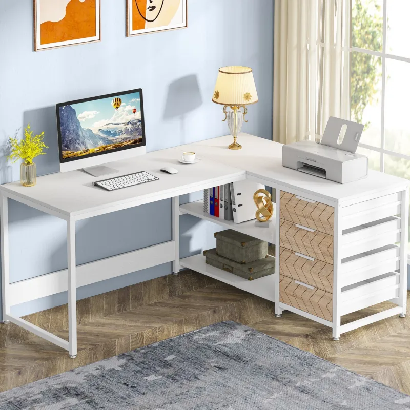 Tribesigns Desks*59" L-Shaped Desk, Reversible Corner Desk with Drawers & Shelves