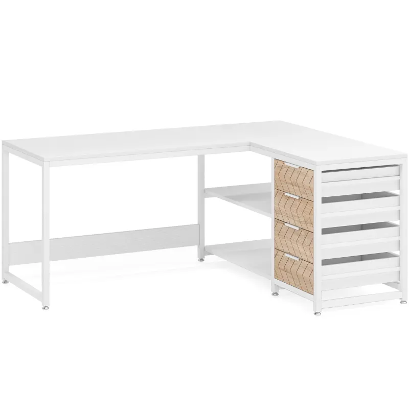 Tribesigns Desks*59" L-Shaped Desk, Reversible Corner Desk with Drawers & Shelves