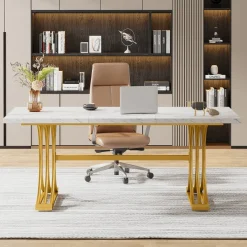 Tribesigns Desks*63'' Modern Executive Computer Desk with Faux Marble Tabletop