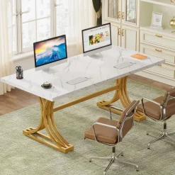 Tribesigns Desks*63'' Modern Executive Computer Desk with Faux Marble Tabletop