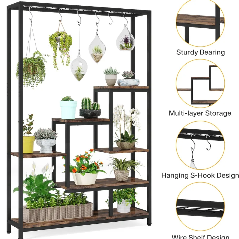 Tribesigns Plant Stands|Plant Stands*70.9" Plant Stand, Large Flower Bonsai Shelf with 6 S Hanging Hooks