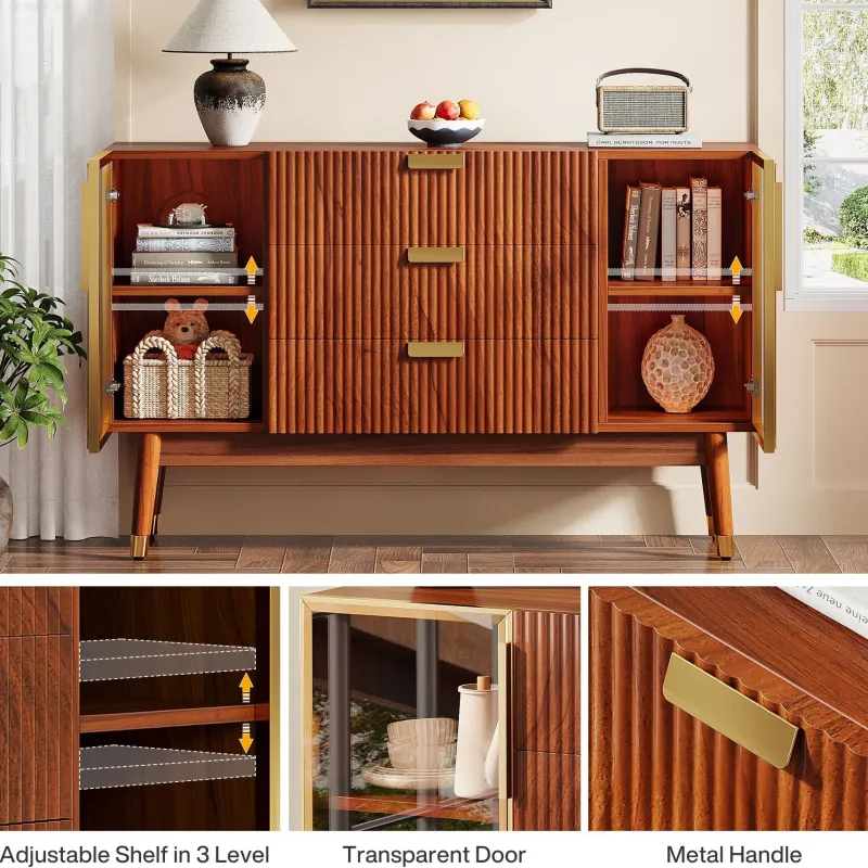 Tribesigns Sideboards & Buffets|Sideboards & Buffets*55" Sideboard Buffet, Mid - Century Buffet Storage Cabinet with 3 Drawers