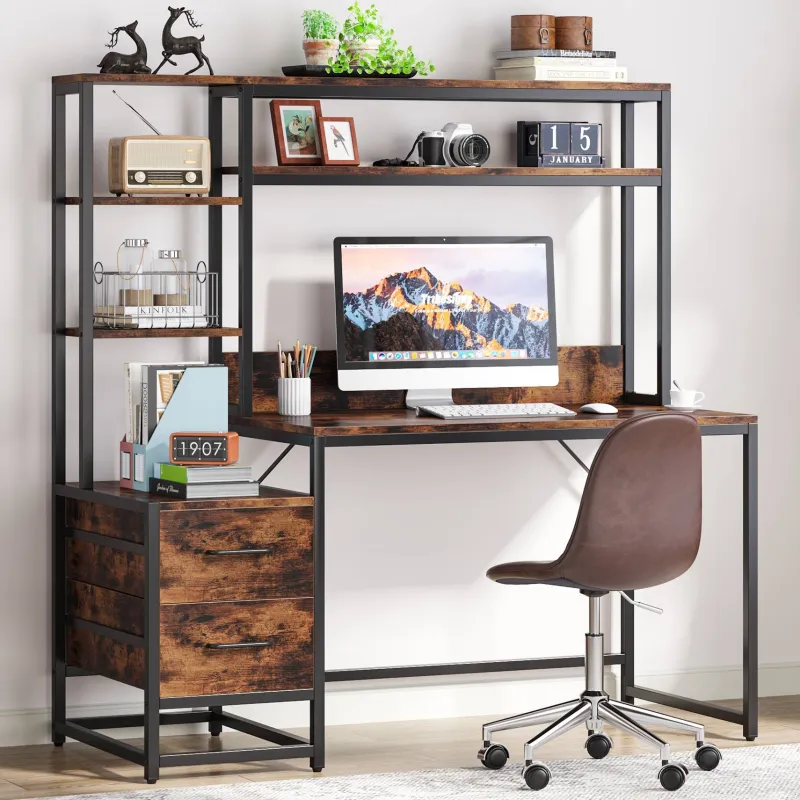 Tribesigns Desks*60" Tall Computer Desk Writing Table with 2 Drawers and Storage Shelves