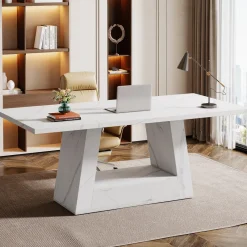 Tribesigns Desks*63" Wood Computer Desk, Faux Marble Executive Desk Office Desk