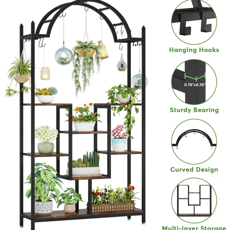 Tribesigns Plant Stands|Plant Stands*Arched Plant Stand, 74.8" Flower Stands with Hanging Hooks