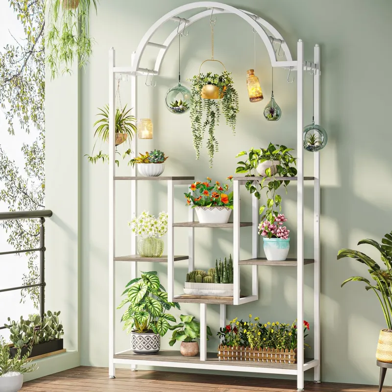 Tribesigns Plant Stands|Plant Stands*Arched Plant Stand, 74.8" Flower Stands with Hanging Hooks