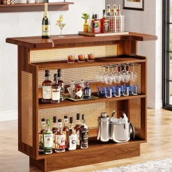 Tribesigns Bar Units*Bar Unit, 4-Tier Rattan Liquor Wine Bar Cabinet with Stemware Racks