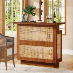 Tribesigns Bar Units*Bar Unit, 4-Tier Rattan Liquor Wine Bar Cabinet with Stemware Racks