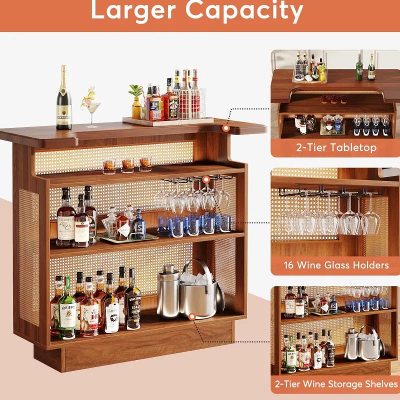 Tribesigns Bar Units*Bar Unit, 4-Tier Rattan Liquor Wine Bar Cabinet with Stemware Racks