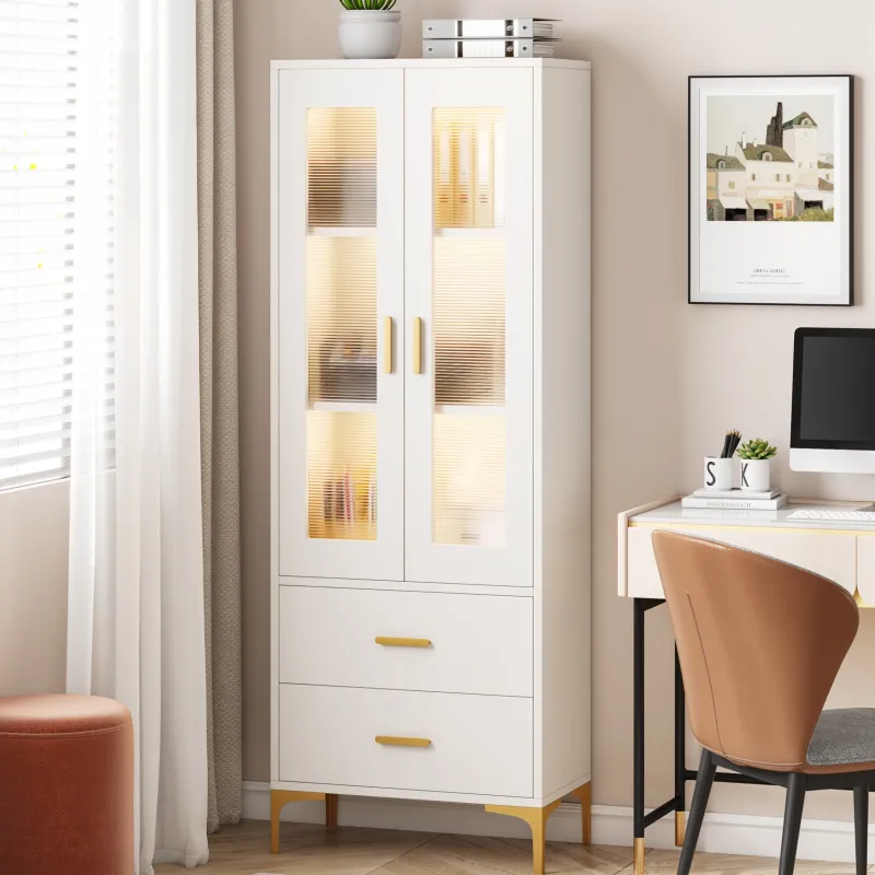 Tribesigns Bookcases & Bookshelves|Bookcases & Bookshelves*Bookcase, White Bookshelf with LED Light, Frosted Doors & 2 Drawers