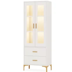 Tribesigns Bookcases & Bookshelves|Bookcases & Bookshelves*Bookcase, White Bookshelf with LED Light, Frosted Doors & 2 Drawers