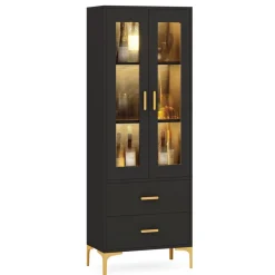 Tribesigns Bookcases & Bookshelves|Bookcases & Bookshelves*Bookcase, White Bookshelf with LED Light, Frosted Doors & 2 Drawers