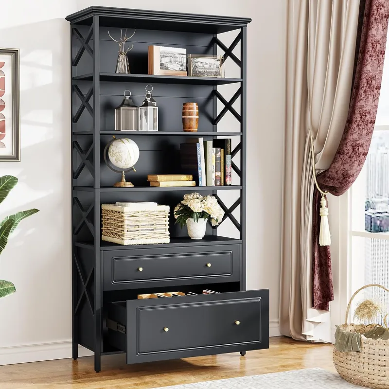 Tribesigns Bookcases & Bookshelves|Bookcases & Bookshelves*Bookshelf, 5-Tier Bookcase Display Shelf Organizer with 2 Drawers