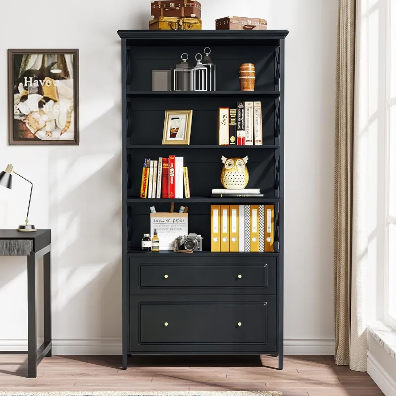 Tribesigns Bookcases & Bookshelves|Bookcases & Bookshelves*Bookshelf, 5-Tier Bookcase Display Shelf Organizer with 2 Drawers