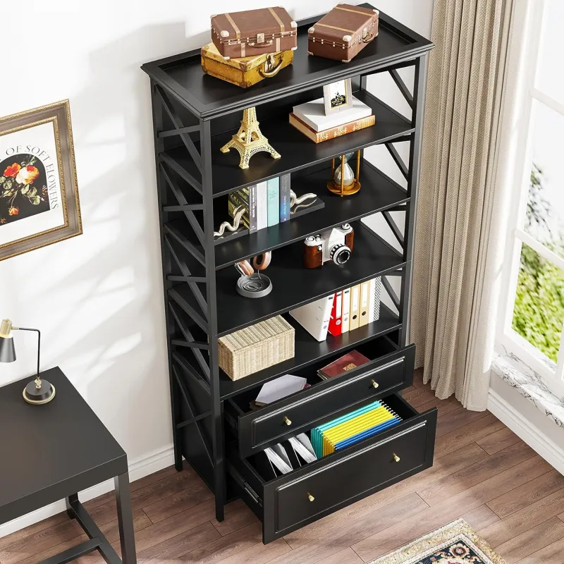 Tribesigns Bookcases & Bookshelves|Bookcases & Bookshelves*Bookshelf, 5-Tier Bookcase Display Shelf Organizer with 2 Drawers