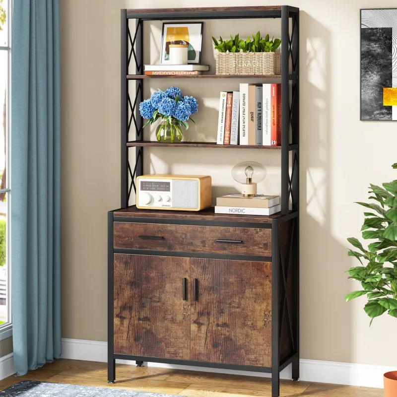 Tribesigns Bookcases & Bookshelves|Bookcases & Bookshelves*Bookshelf, 4-Tier Etagere Bookcase with Drawer & Cabinet