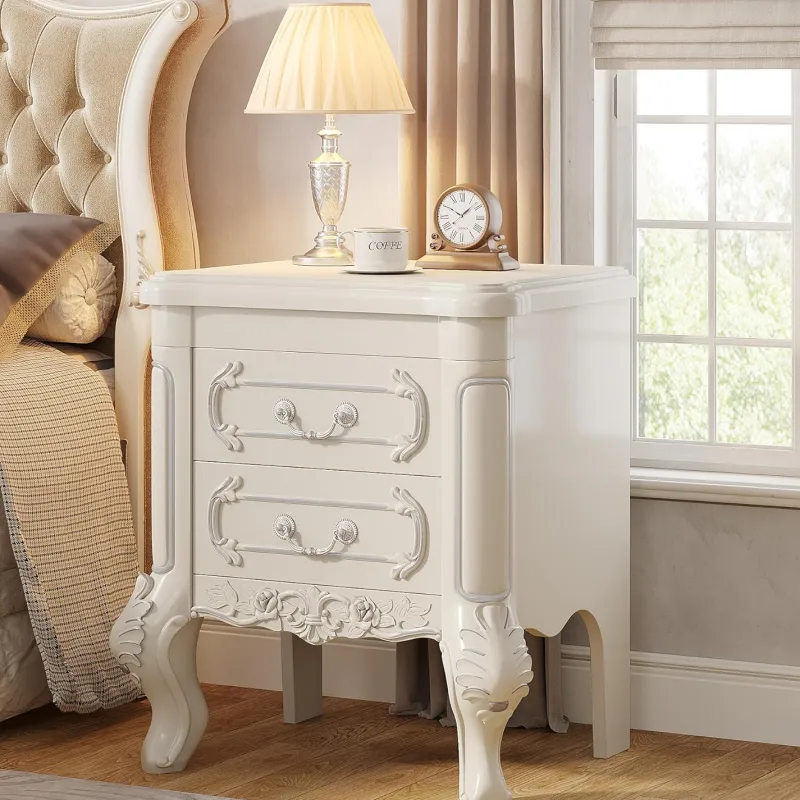 Tribesigns Nightstands*Carved Nightstand, White Bedside Table End Table with 2 Drawers