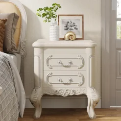 Tribesigns Nightstands*Carved Nightstand, White Bedside Table End Table with 2 Drawers