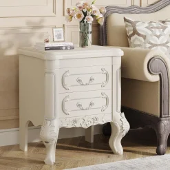 Tribesigns Nightstands*Carved Nightstand, White Bedside Table End Table with 2 Drawers
