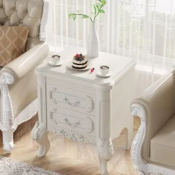 Tribesigns Nightstands*Carved Nightstand, White Bedside Table End Table with 2 Drawers