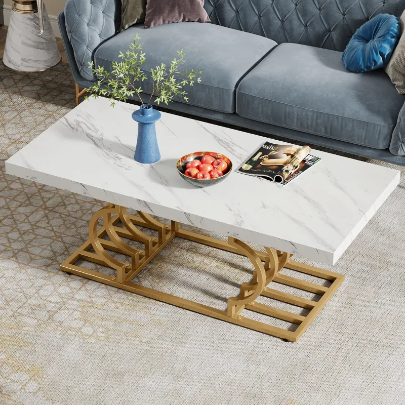 Tribesigns Coffee Tables*Coffee Table, 47" Faux Marble Cocktail Table with Geometric Frame
