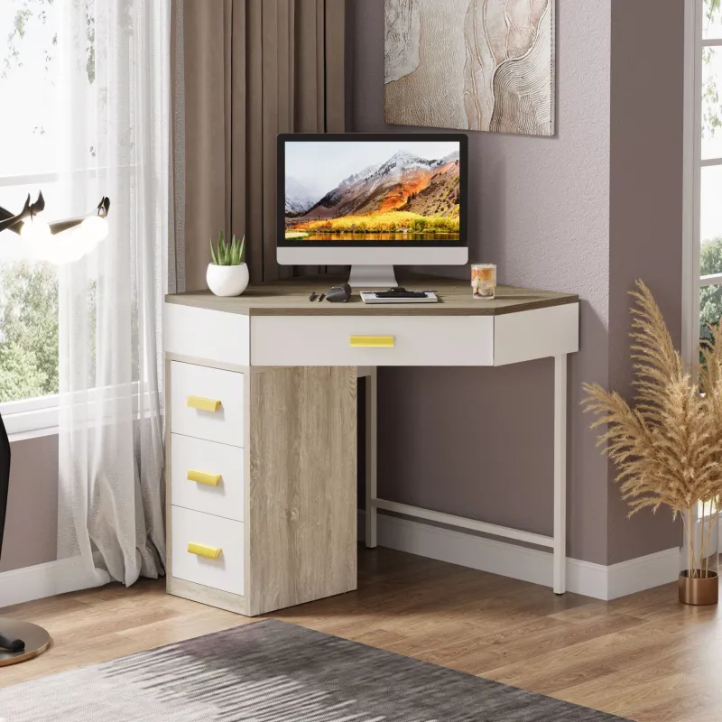 Tribesigns Makeup Vanities*Corner Desk, Triangle Computer Desk Makeup Vanity Desk with 3 Drawers