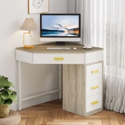 Tribesigns Makeup Vanities*Corner Desk, Triangle Computer Desk Makeup Vanity Desk with 3 Drawers