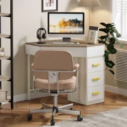 Tribesigns Makeup Vanities*Corner Desk, Triangle Computer Desk Makeup Vanity Desk with 3 Drawers
