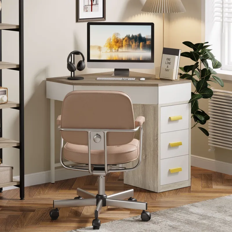 Tribesigns Makeup Vanities*Corner Desk, Triangle Computer Desk Makeup Vanity Desk with 3 Drawers