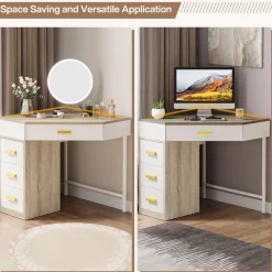Tribesigns Makeup Vanities*Corner Desk, Triangle Computer Desk Makeup Vanity Desk with 3 Drawers