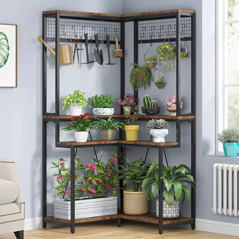 Tribesigns Plant Stands|Plant Stands*Corner Plant Stand, 67" Tall Flower Shelf with 15 Hanging Hooks