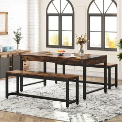 Tribesigns Dining Tables*Dining Table Set, Kitchen Breakfast Table with 2 Benches & Sided Drawer