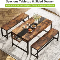 Tribesigns Dining Tables*Dining Table Set, Kitchen Breakfast Table with 2 Benches & Sided Drawer