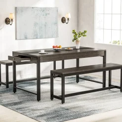Tribesigns Dining Tables*Dining Table Set, Kitchen Breakfast Table with 2 Benches & Sided Drawer