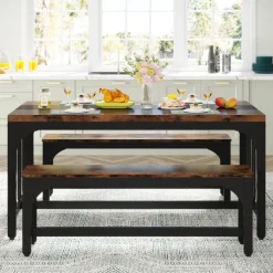 Tribesigns Dining Tables*Dining Table Set, 3-Piece Kitchen Table with 2 Benches for 4-6 People