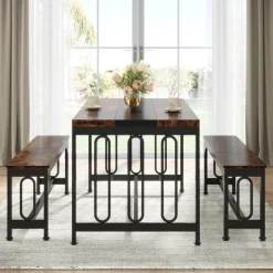 Tribesigns Dining Tables*Dining Table Set, 3-Piece Kitchen Table with 2 Benches for 4-6 People