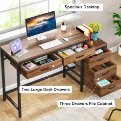 Tribesigns Desks*5-Drawer Computer Desk, Study Writing Table with Reversible Drawer Cabinet