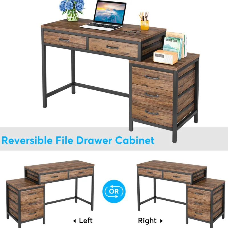 Tribesigns Desks*5-Drawer Computer Desk, Study Writing Table with Reversible Drawer Cabinet