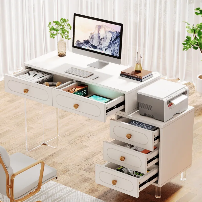 Tribesigns Desks*5-Drawer Computer Desk with Transparent Acrylic Base and Legs