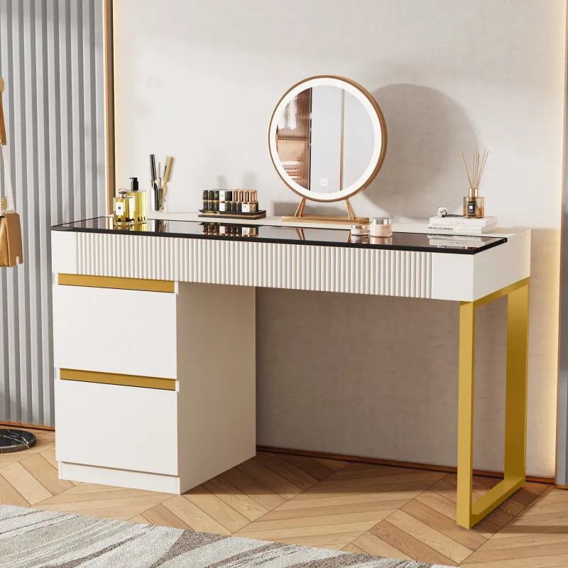 Tribesigns Makeup Vanities*4-Drawer Makeup Vanity, Modern Dressing Table with Glass Desktop(Without Mirror)