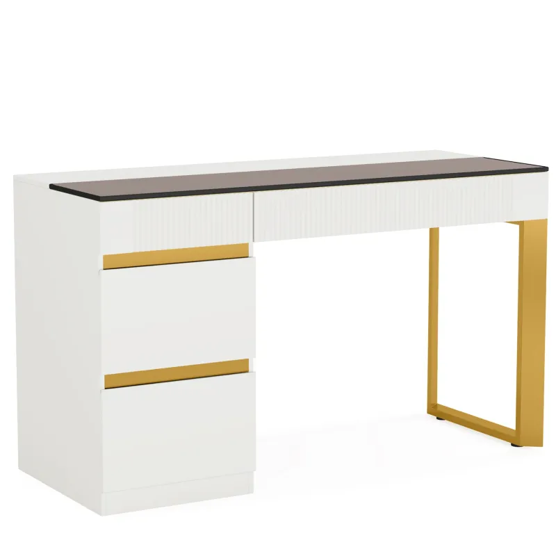 Tribesigns Makeup Vanities*4-Drawer Makeup Vanity, Modern Dressing Table with Glass Desktop(Without Mirror)