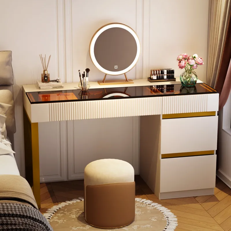 Tribesigns Makeup Vanities*4-Drawer Makeup Vanity, Modern Dressing Table with Glass Desktop(Without Mirror)
