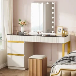 Tribesigns Makeup Vanities*4-Drawer Makeup Vanity, Modern Dressing Table with Glass Desktop(Without Mirror)
