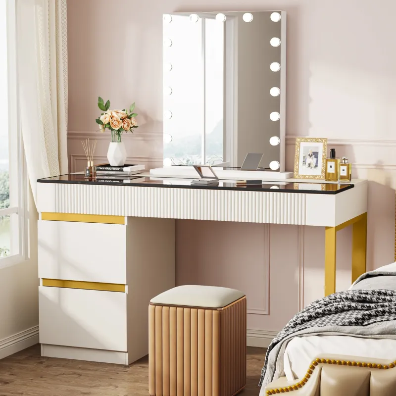 Tribesigns Makeup Vanities*4-Drawer Makeup Vanity, Modern Dressing Table with Glass Desktop(Without Mirror)