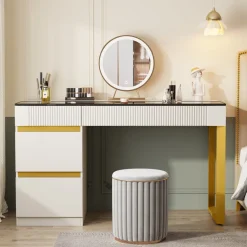 Tribesigns Makeup Vanities*4-Drawer Makeup Vanity, Modern Dressing Table with Glass Desktop(Without Mirror)