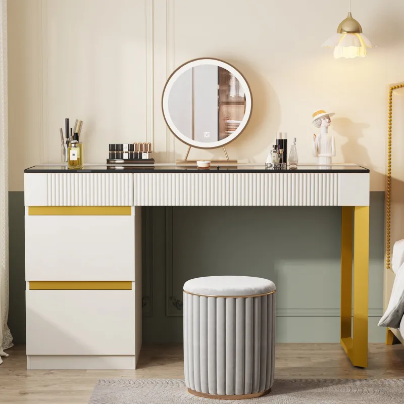 Tribesigns Makeup Vanities*4-Drawer Makeup Vanity, Modern Dressing Table with Glass Desktop(Without Mirror)