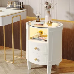 Tribesigns Nightstands*2-Drawer Nightstand with LED Light, Modern Side Table with Glass Tabletop