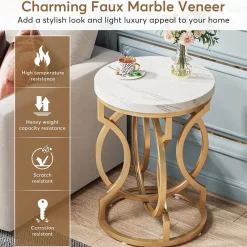 Tribesigns End & Side Tables*End Table, Round Side Table with Faux Marble Top, Modern Bedside Table