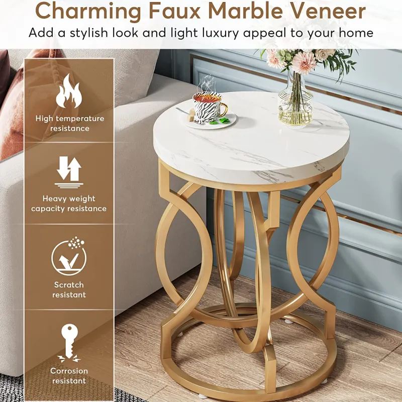 Tribesigns End & Side Tables*End Table, Round Side Table with Faux Marble Top, Modern Bedside Table